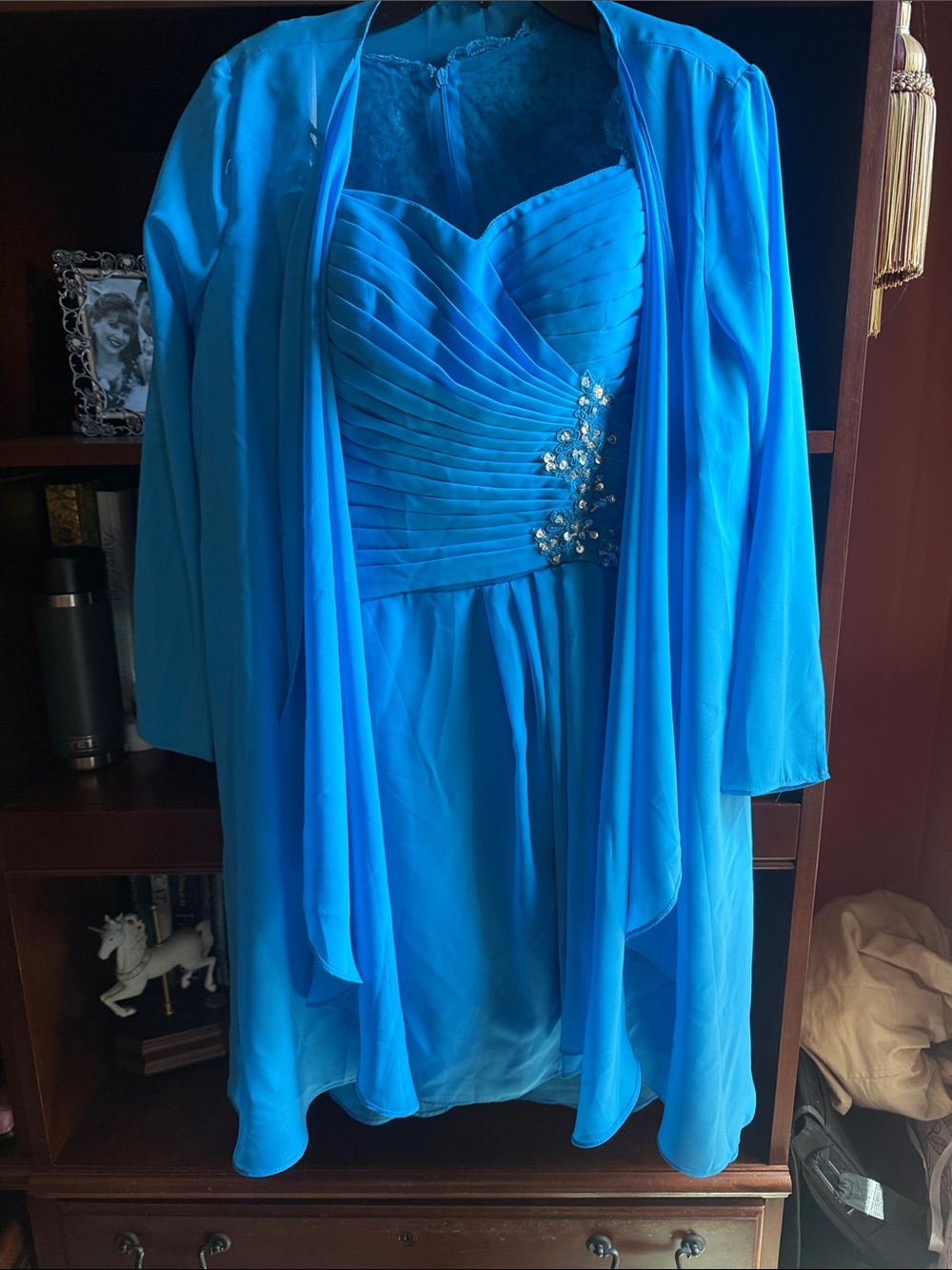Elegant Blue Chiffon Wedding Guest Dress with Jacket